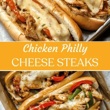 Delicious Chicken Philly Cheese Steaks served with melted cheese and peppers.