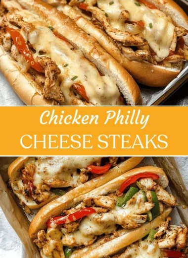 Delicious Chicken Philly Cheese Steaks served with melted cheese and peppers.