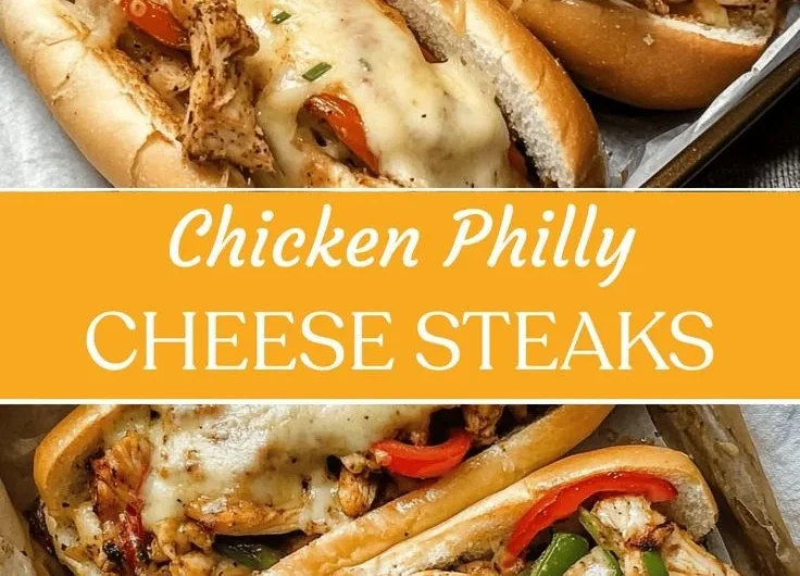 Delicious Chicken Philly Cheese Steaks served with melted cheese and peppers.
