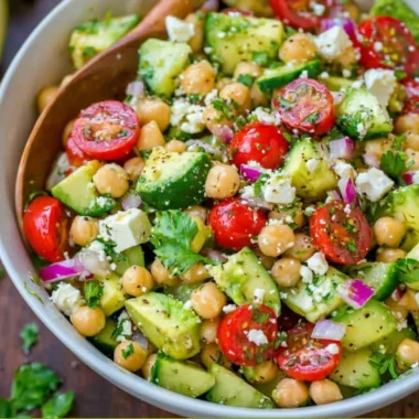 Colorful chickpea salad with vegetables and herbs in a bowl