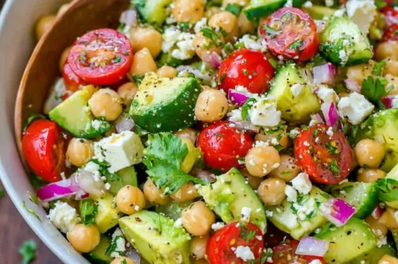 Colorful chickpea salad with vegetables and herbs in a bowl
