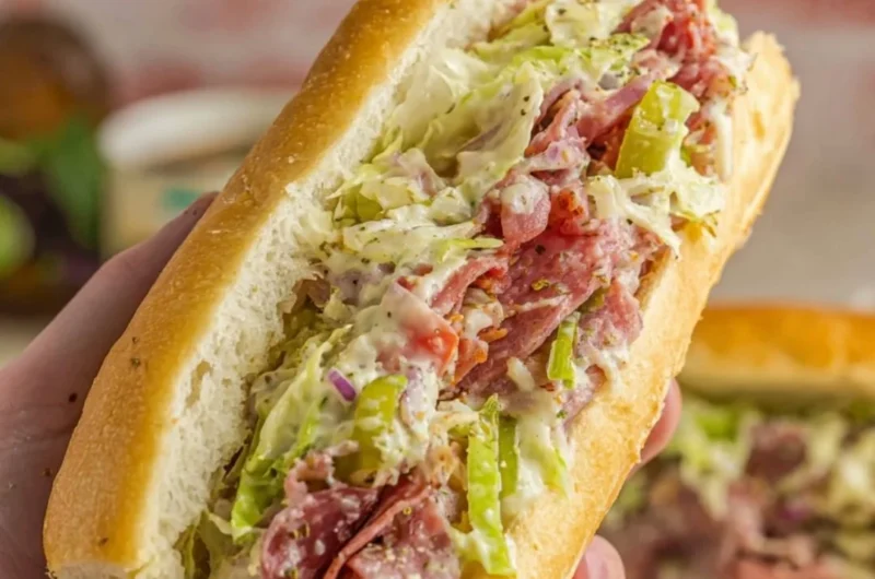 Chopped Italian sandwich with fresh meats, cheeses, and vegetables on a rustic bread