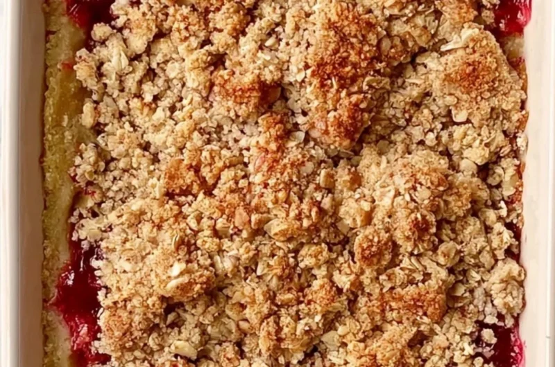 Classic rhubarb crumble bars with a golden crumble topping and vibrant rhubarb filling