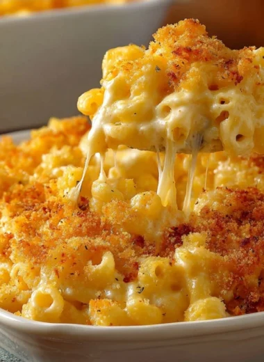 Creamy baked macaroni and cheese served in a dish