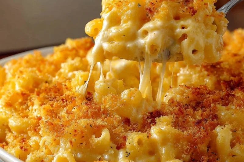 Creamy baked macaroni and cheese served in a dish