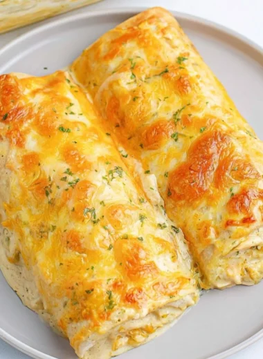 Delicious creamy white chicken enchiladas topped with cheese and cilantro.