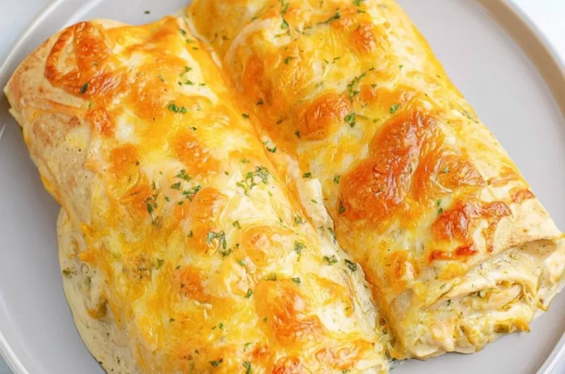 Delicious creamy white chicken enchiladas topped with cheese and cilantro.
