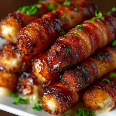 Crispy bacon-wrapped mozzarella sticks stacked on a plate