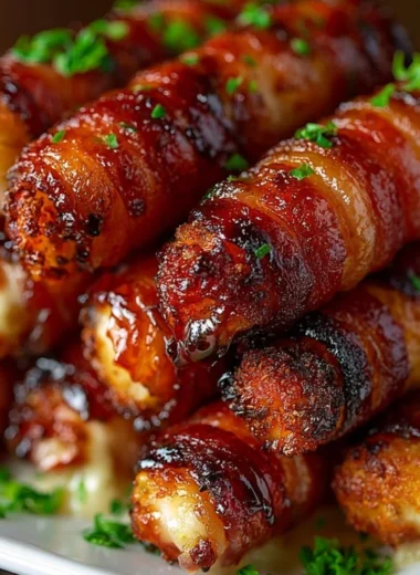 Crispy bacon-wrapped mozzarella sticks stacked on a plate