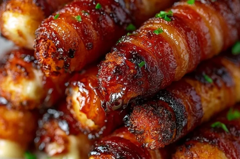 Crispy bacon-wrapped mozzarella sticks stacked on a plate