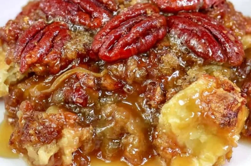 Dixie's delicious pecan pie cobbler served in a rustic dish, showcasing its golden crust.