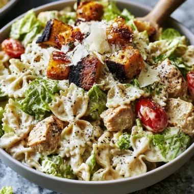 Bowl of Easy Chicken Caesar Pasta Salad with lettuce, chicken, and Caesar dressing