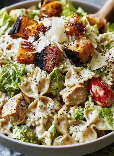 Bowl of Easy Chicken Caesar Pasta Salad with lettuce, chicken, and Caesar dressing