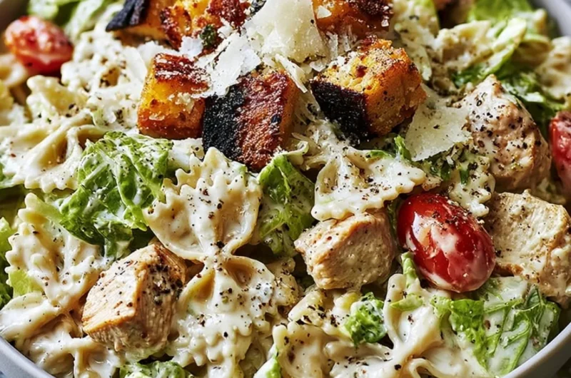 Bowl of Easy Chicken Caesar Pasta Salad with lettuce, chicken, and Caesar dressing