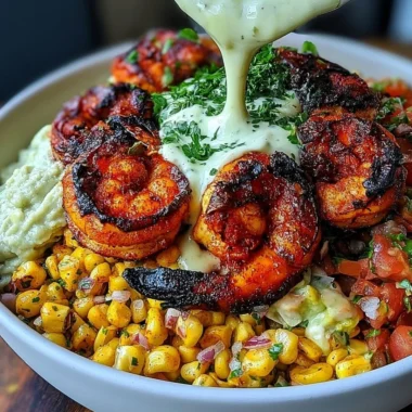 Easy grilled shrimp bowl with avocado and corn salsa on a plate.