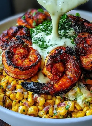 Easy grilled shrimp bowl with avocado and corn salsa on a plate.