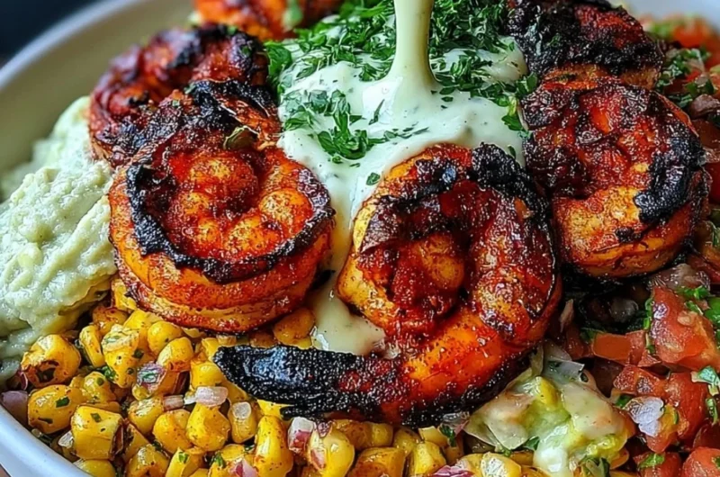 Easy grilled shrimp bowl with avocado and corn salsa on a plate.