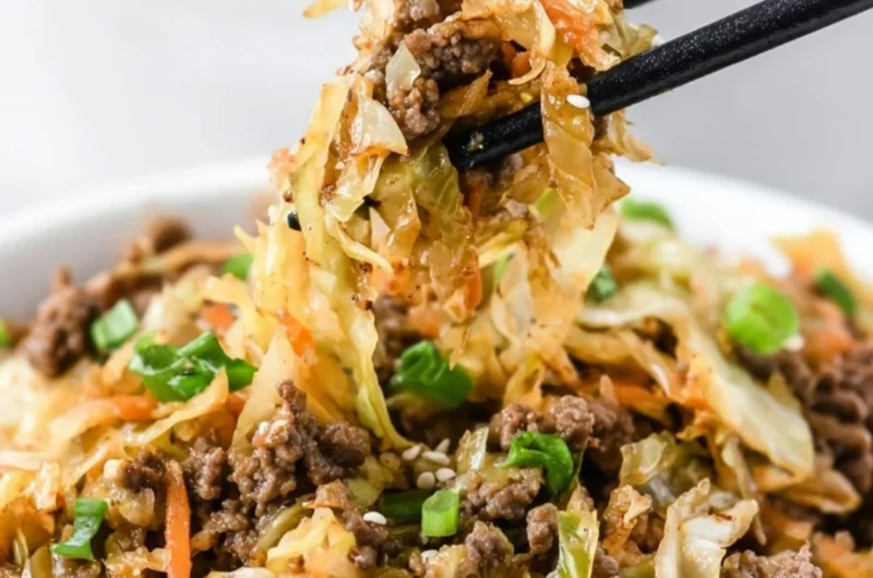 Delicious egg roll in a bowl with fresh vegetables and savory sauce