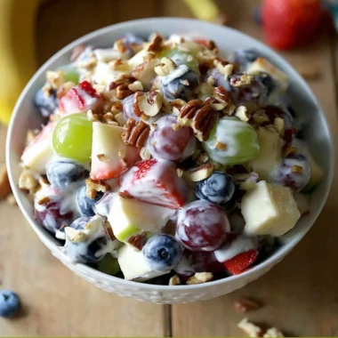 Fruit salad topped with honey yogurt dressing for a refreshing dessert
