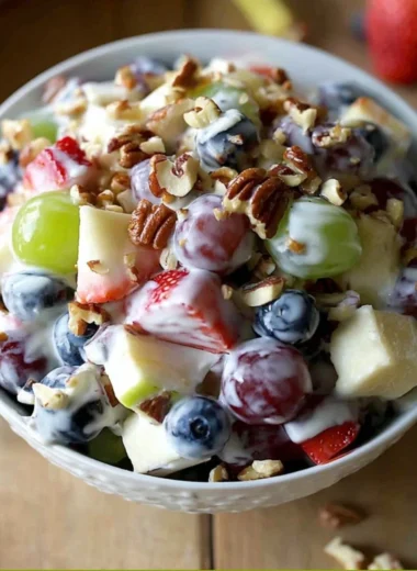 Fruit salad topped with honey yogurt dressing for a refreshing dessert