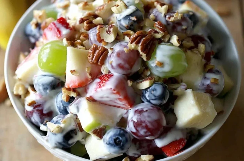 Fruit salad topped with honey yogurt dressing for a refreshing dessert