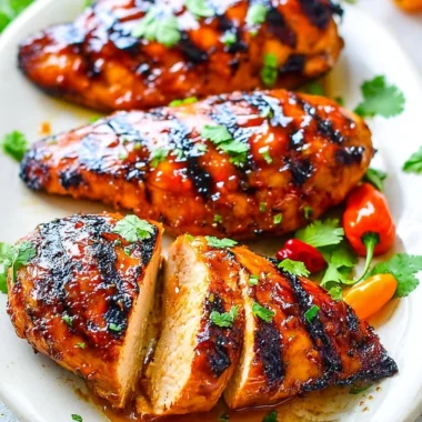 Grilled chicken with peach preserves and chili garlic sauce on a plate