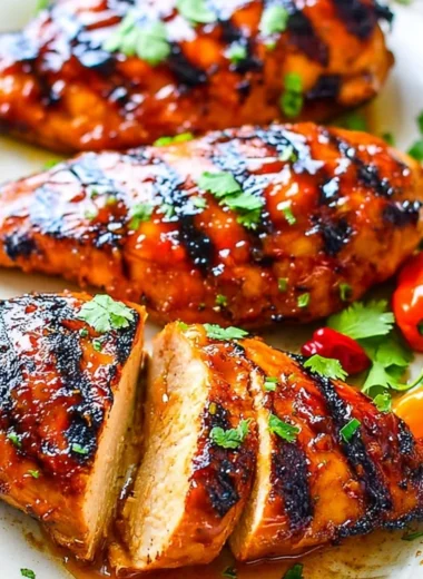 Grilled chicken with peach preserves and chili garlic sauce on a plate