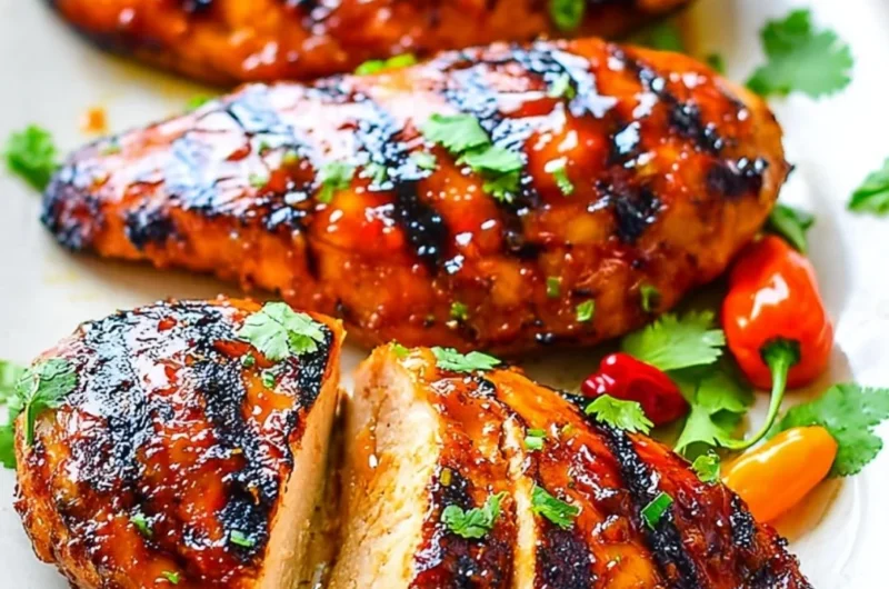Grilled chicken with peach preserves and chili garlic sauce on a plate