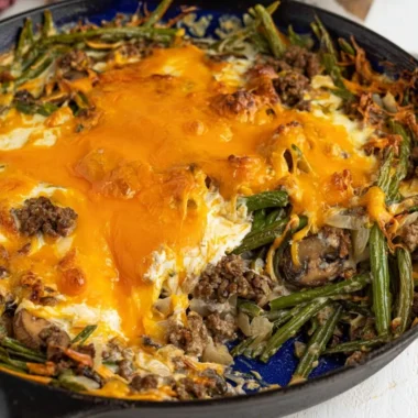 Delicious Hamburger Green Bean Casserole served in a baking dish