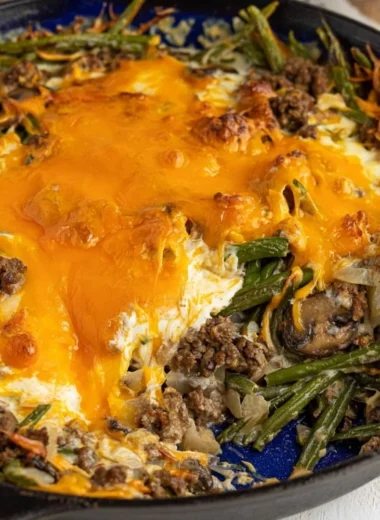 Delicious Hamburger Green Bean Casserole served in a baking dish