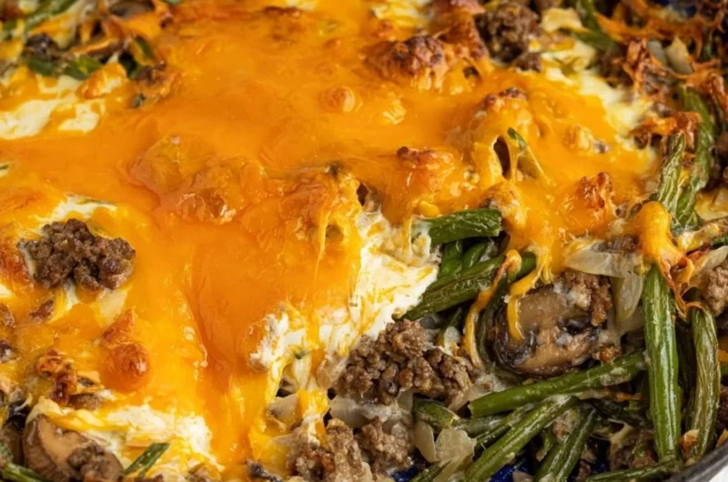 Delicious Hamburger Green Bean Casserole served in a baking dish
