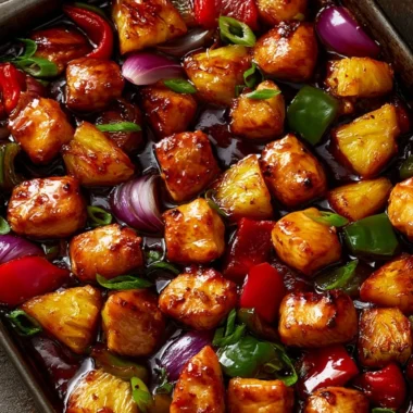 Hawaiian Chicken Sheet Pan dinner with colorful vegetables and pineapple