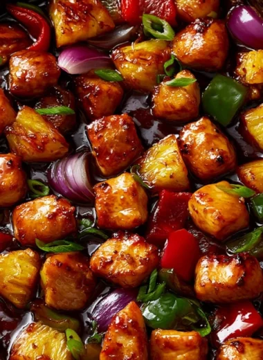 Hawaiian Chicken Sheet Pan dinner with colorful vegetables and pineapple