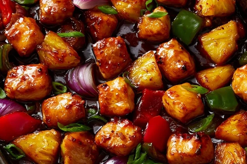 Hawaiian Chicken Sheet Pan dinner with colorful vegetables and pineapple