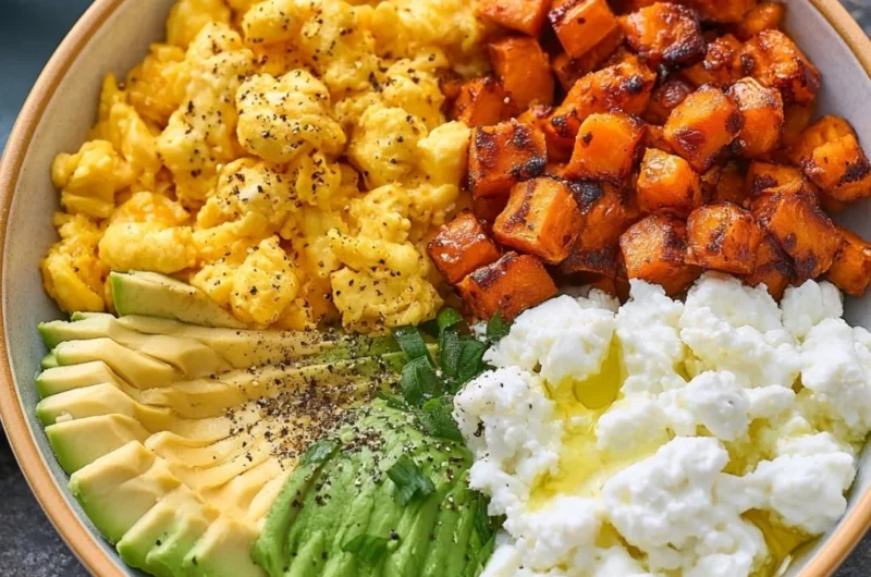 Healthy high-protein breakfast bowl filled with fresh ingredients.