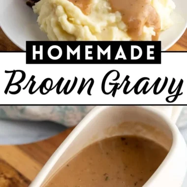 A steaming bowl of homemade brown gravy served over mashed potatoes.