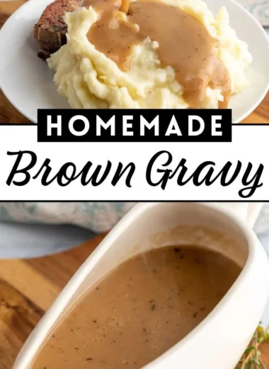 A steaming bowl of homemade brown gravy served over mashed potatoes.