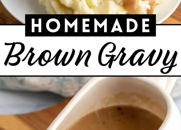 A steaming bowl of homemade brown gravy served over mashed potatoes.