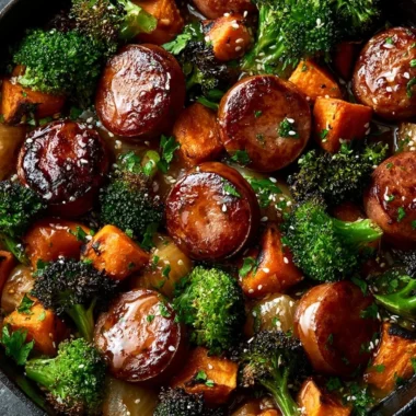 Honey Garlic Sausage and Sweet Potato Sheet Pan Dinner ready to serve