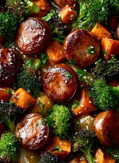 Honey Garlic Sausage and Sweet Potato Sheet Pan Dinner ready to serve