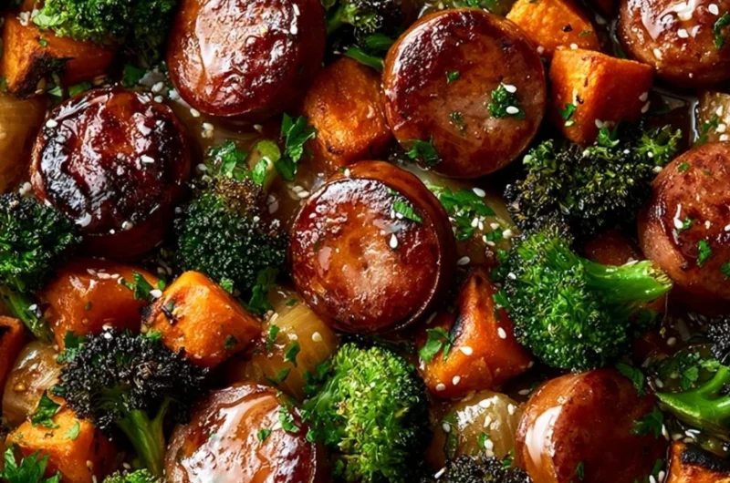 Honey Garlic Sausage and Sweet Potato Sheet Pan Dinner ready to serve