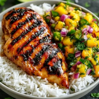 Delicious Honey Lime Chicken served with fresh Mango Salsa on a plate