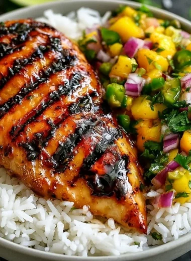 Delicious Honey Lime Chicken served with fresh Mango Salsa on a plate