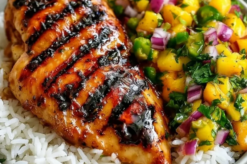 Delicious Honey Lime Chicken served with fresh Mango Salsa on a plate