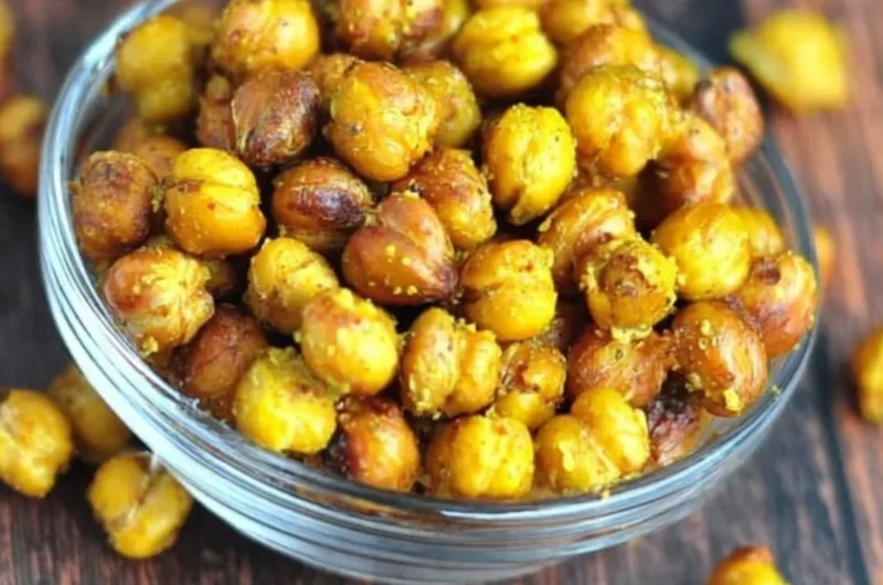 Honey mustard roasted chickpeas in a bowl, a delicious and healthy snack.