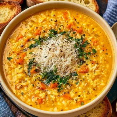 A bowl of Italian Penicillin Soup garnished with fresh herbs and vegetables.