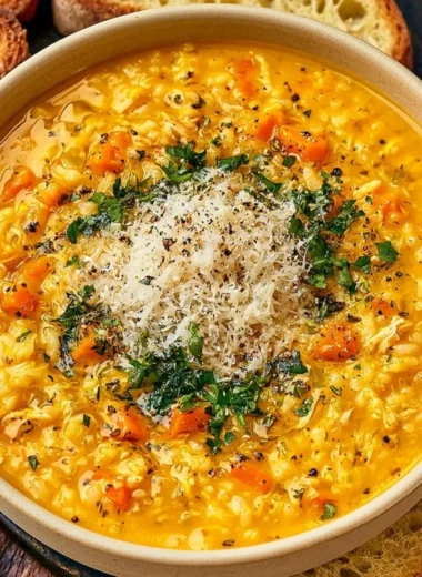 A bowl of Italian Penicillin Soup garnished with fresh herbs and vegetables.