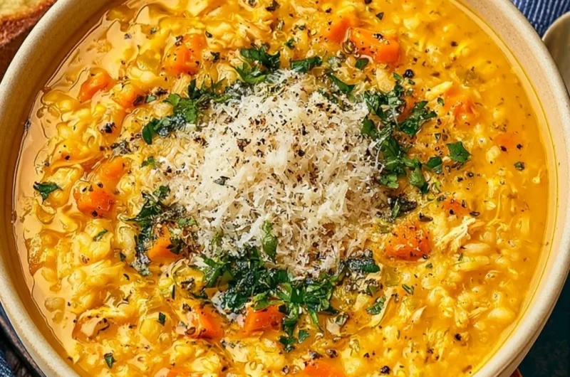 A bowl of Italian Penicillin Soup garnished with fresh herbs and vegetables.
