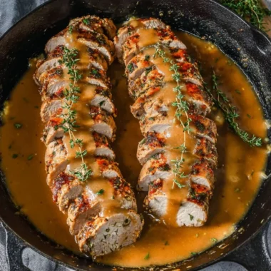Juicy baked pork tenderloin cooked in the oven, served with vegetables.