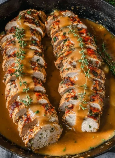 Juicy baked pork tenderloin cooked in the oven, served with vegetables.
